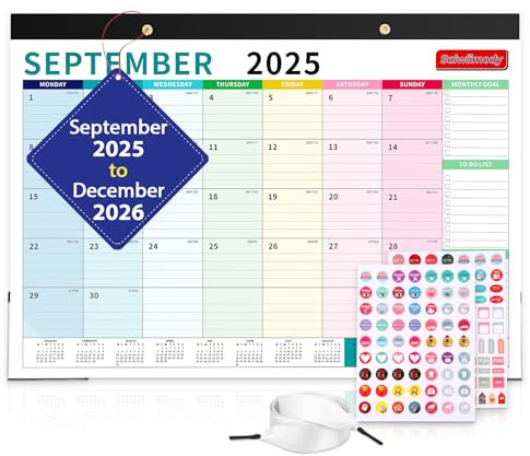 Calendar 2026 UK Large Wall Calendar 2025-2026 with Waterproof Cover Monthly Planner from Now until December 2026 with Large Blocks Daily Monthly Planning Organizer, 43 x 31 cm - Colorful