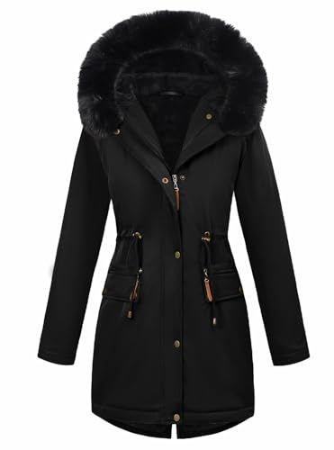 CMTOP Blouson Femme Hiver Polaire Chaude éPais Veste Imperméable Coupe-Vent Mi-Long Manteau à Capuche Peluche Thermique Manteaux Slim Fit Elegant Parka Outerwear avec Poches, Zippé(Noir,L)