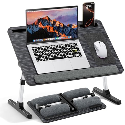 Laptoptisch für Bett 60 * 40cm, Betttisch Klappbar Höhenverstellbar und Winkelverstellbar, rutschfeste Tischplatte aus PVC-Leder, mit Schlitz für Tablets und Mobiltelefone, für Bett Sofa Couch Boden
