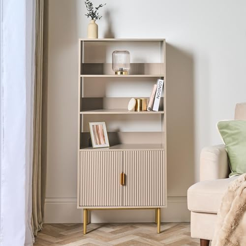 OHS Wooden Display Cabinets with 2 Doors and 3 Open Shelves Ribbed 4 Tier Tall Book Shelf Free Standing Shelving Unit Bookcase Display Shelf for Living Room Office, Taupe - 60 x 30 x 130cm