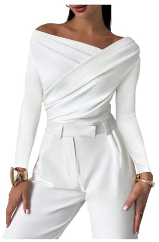 RoseSeek Women's Off Shoulder Wrap Tops Bodysuits Ruched Front Long Sleeve Bodysuits Elegant Shirts White Large