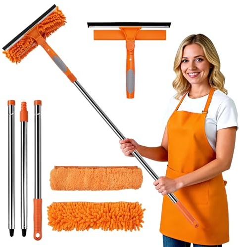 Rankomu 2 en 1 Limpia Cristales con Mango Extensible 151cm, Limpiador de Ventanas, Limpiacristales con Escobilla de Silicona y Paños de Microfibra, Kit Limpia para Ventanas, Espejo, Coche, Baño