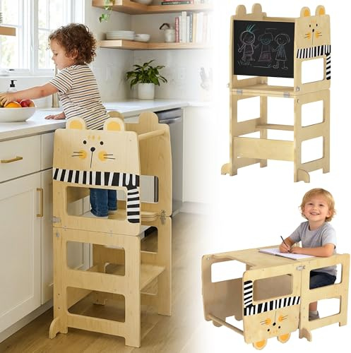 AIYAPLAY Toddler Step Stool, Learning Standing Tower with Chalkboard, 3 in 1 Step Stool for Kitchen Counter Bathroom Helper, Toddler Table and Chair Set, Cat-Shaped for Kids 2-5 Years, Natural