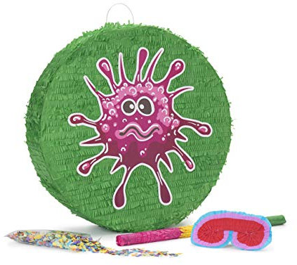 Lumaland Pinata Set zum Befüllen inkl. Schläger & Augenbinde | Beat The Virus ideal für Geburtstag & Feier | Piñata inkl. 50g buntes Konfetti | Individuell befüllbar [50x50x15 cm]