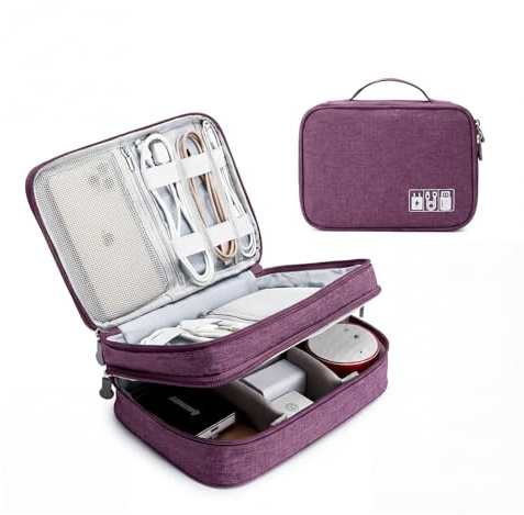 mygreen Electronics Travel Organizer Storage Bag, Double Layer Universal Traveling Gear Accessories Carrying Cover Pouch for iPad Mini Cables Phone Chargers Adapter Flash Hard Drive and More Purple