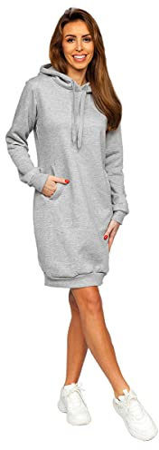 BOLF Damen Sweatkleid Lang Sweatshirt Longshirt Oversize Hoodie Tunika Sportkleid Kapuzenpullover Kapuzenkleid Weich Und Bequem Hochwertiger Baumwollmischung Basic YS10005 Grau M [A1A]