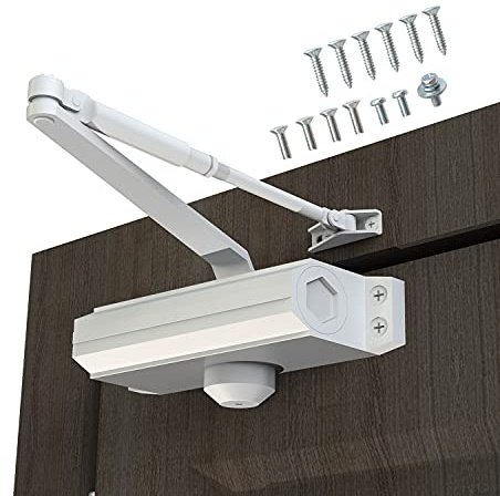 GEKRONE Automatic Door Closer Heavy Duty Fire Prevention Spring Hydraulic Aluminum Alloy Surface Mounted Residential Commercial Grade Door Closer Adjustable Speed Door Weights 99-187 Lbs Size2-White