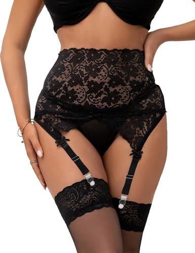 ohmydear Damen Bauchweg Strapsgürtel Hohe Taille Strumpfgürtel Spitze Strumpfhalter Damen Sexy Strapshalter Große Größe mit 4 Verstellbaren Clips und String