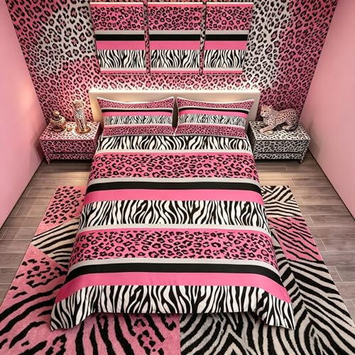 Loussiesd Zebra Stripes Duvet Cover Leopard Bedding Set For Kids Boys Girls Pink Black White Zebra Leopard Fur Comforter Cover Ultra Soft Wild Animal Skin Texture Bedspread Cover Double