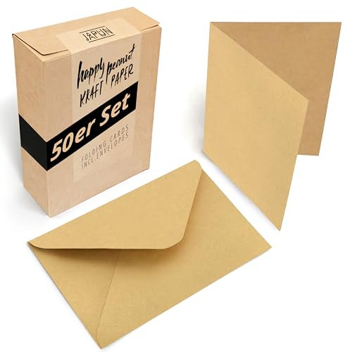 Japun - 50er Set blanko Falt-Karten inkl. Briefumschläge, Klapp-Karten zum gestalten, beschriften oder bedrucken - DIN A6 / C6 - hellbraun