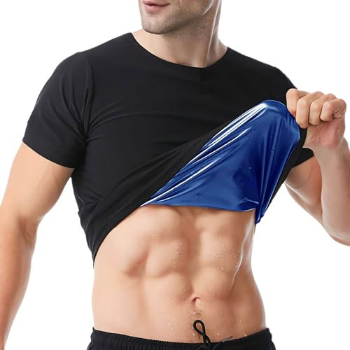 Sauna Weste Korsett Taille Trainer Body Top Shapewear Schlankheits-T-Shirt Kurzarm Trainingszubehör Anzug Bauchkontrolle Abnehmen Heat Trapping T-Shirt Für Herren (Schwarz(Blau Innen), X-Large)