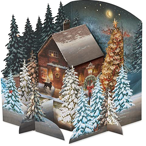 American Greetings Pop Up Holiday Card, Magic Moments Displayable 3D Rustic Cottage In The Wintery Pine Tree Forest Scene-Designed by Jacquie Lawson (Season's Greetings)