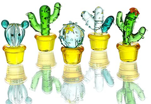 H&D HYALINE & DORA 5PCS Art Glass Cactus Figurines,Hand Blown Glass Miniature Cactus Simulation Desert Plants Collectibles Home Table Decoration Ornament