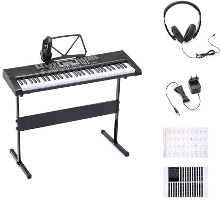 Amazon Basics 61-Tasten tragbares Digitalpiano für Anfänger, Eingebaute Lautsprecher, 255 Klänge und Rhythmen, 50 Demo-Songs, Notenständer und Kopfhörer enthalten, Schwarz, 93 x 30.4 x 9.32 cm