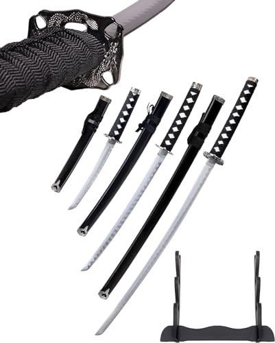 Schwarzes Schwert Set - Katana Schwert Echt Metall Wakizashi, Tanto - Samurai Schwert aus Stahl - Samurai Schwerter als Anime Deko - Japanisches Sword mit Schwertständer HK1104