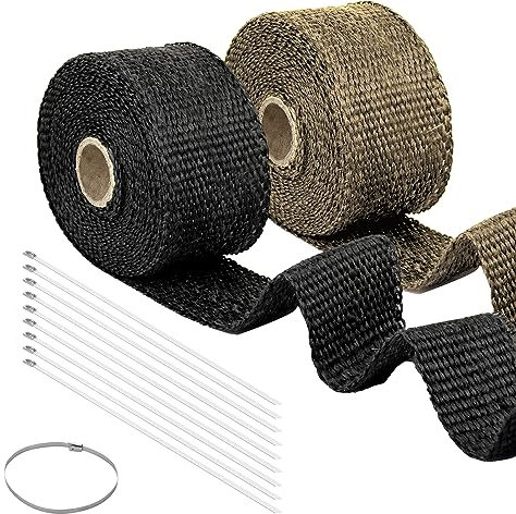 Ruban de protection thermique en fibre de basalte de 5 m - 5 m - Noir titane - Avec 10 serre-câbles en acier inoxydable - Pour collecteur de moto - Échappement de voiture et moto