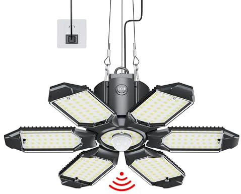Motion Sensor Garage Light, 200W 20000LM Plug in Motion Sensor Light Indoor, Shop Lights for Garage Motion Activated Deformable Panels, Dusk to Dawn Sensor Light for Basement, Workshop, Warehouse