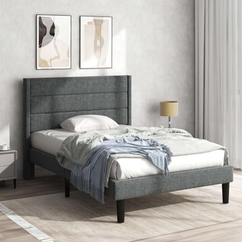KOMHTOM Lit Simple Rembourré avec Tête de Lit, Cadre de Lit Plateforme avec Sommier à Lattes en Bois, Minimaliste, Chambre à Coucher(sans Matelas) (Gris Foncé, 90x200 cm)