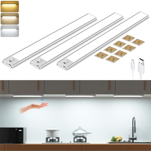 Reglette Led Cocina 30 cm, 56 LED 3 piezas Led Inalámbrico, 3 colores Tiempo y Dimmable Lámpara de Armario, 2200 mAh USB-C Recargable Led Cocina Bajo Mueble Luz nocturna para Armario, Escalera