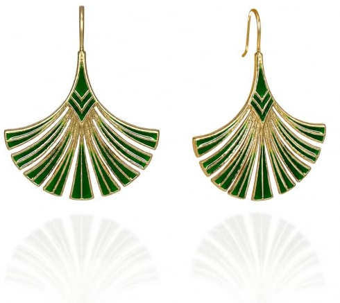 Lovett & Co Art Deco Palm Leaf Drop Earrings for Women| Hand Painted Green Enamel Gold Leaf Long Drop Earrings| Vintage 1920s Gatsby Inspired Handmade Statement Jewellery Gift for Her| Designed in UK