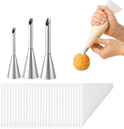 ZWWOGE 3pcs Bocchetta per Farcire, Viene fornito con 30 sac a poche professionali，Cornetto Blisterato, Puff Ugello Lungo, Acciaio Inossidabile, 5/6/8mm per Riempimento Donuts Cupcakes Torte