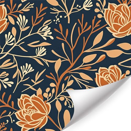 HPNIUB Marineblaue Orange Blumentapete Selbstklebende Aquarell Botanik Wanddeko Abziehbare Kontrast-Floral Deko für Badezimmer Wohnzimmer Schlafzimmer (44x300cm