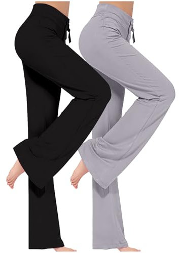 ZWDC 2er Pack Yogahose Damen Schlaghose Baumwolle Activewear Hosen High Waist Yoga Pants Bootcut Jeans Stretch Flared Stoffhose Flare Leggings Haushose Weites Bein Jazzpants Lang