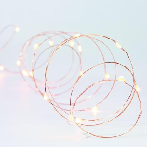 Brightium Guirnalda de luces LED de alambre de cobre, 2 m, pilas de botón, luz blanca fría, ideal para decorar fiestas y ambientar espacios.