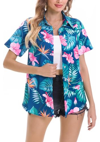 Hawaiian Shirts for Women Casual Short Sleeve Floral Printed T-Shirt Summer Button Down Beach Holiday Blouse Retro 80s Loose Plus Size Tops Womens Vacation T Shirts
