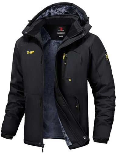 TBMPOY Men's Winter Jackets Skiing Waterproof Snow Thick Fleece Lined Hooded Utility Cold Weather Warm Outdoor Ice Work Black L