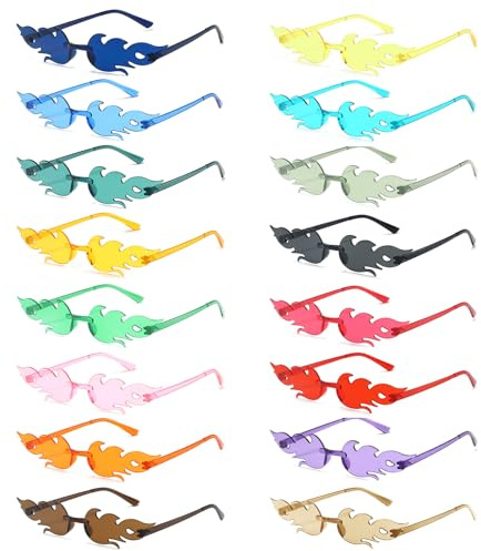 Hiuyavy Party Glasses, 16 PCS Flame Sunglasses, Rimless Sunglasses Festival & Retro Styles Hippie Sunglasses for Men & Women - Masquerade Party Decoration(16 Colors)