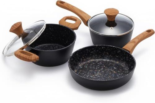 Jovire 5 st non-stick köksredskap set 28 cm kastrull gryta med lock svart | Lämplig för induktions- och gashällar | Diskmaskinssäker | PFOA-fri och PTFEfri | Snygg och hållbar | Ergonomiskt handtag