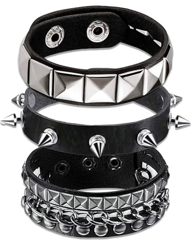 SNMYGS 3 Pcs Studded Bracelet, Black Leather Studded Punk Bracelet, Emo Clothes, Punk Rock Leather Bracelets, Gothic Spike Bracelets Rivet Cuff, 80s Emo Goth Jewelry Accessories Wristband Adjustable