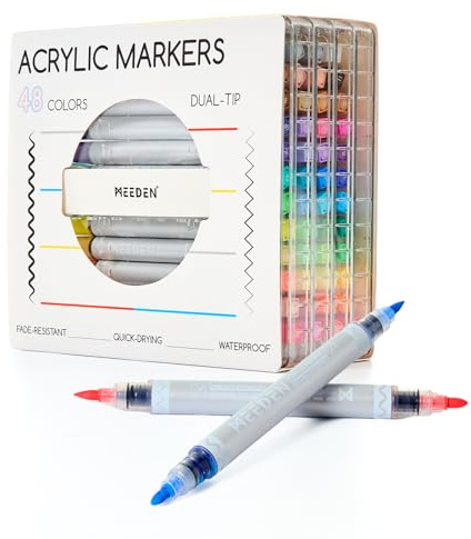 MEEDEN Rotuladores acrílicos de 48 colores: punta fina y punta de pincel. Marcador acrílico con control automático del color para suministros artísticos. Rotulador de doble punta de secado rápido para