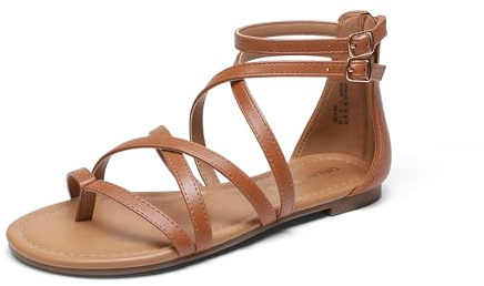 DREAM PARIRS Gladiatorsandaler för kvinnor, platta sandaler med remmar, korsade remmar, ryggen, dragkedja, stringsandaler med dragkedja, bekväma sommar- och strandpromenader för klänning, avslappnad