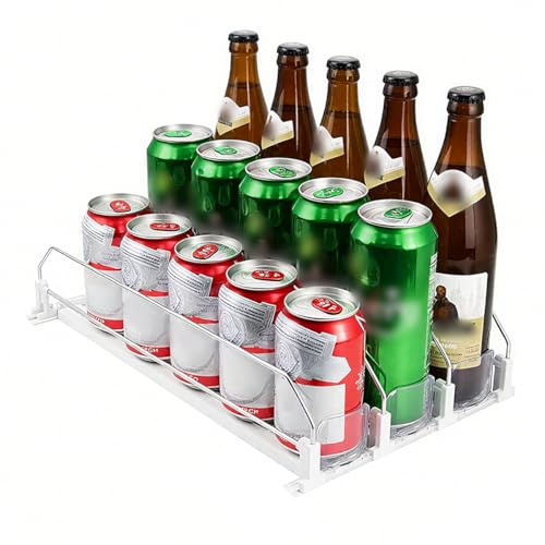 Organizer Frigorifero 31cm – Automatica Porta Bottiglie Frigorifero, Fermabottiglie Frigorifero, Fridge Organizer per 12 Lattine, 3 File, Accessori Frigorifero Salvaspazio