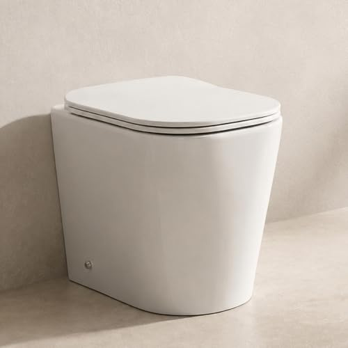 WC Filo Muro 48 Cm Salvaspazio Con Scarico A Terra Tornado E Sedile Soft Close Linea Atami, Vaso Rimless In Ceramica Bianco Lucido Con Profondità Ridotta