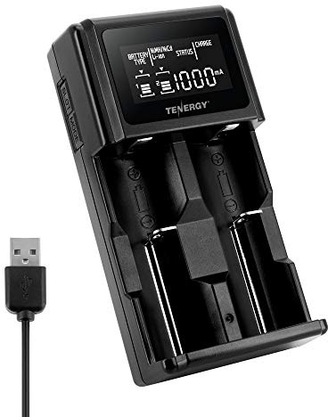 Tenergy TN471U 2-Bay Universal Battery Charger with LCD for Li-ion/NiMH/NiCD Rechargeable Batteries, Micro USB Input, Portable Charger for Batteries Sizes 18650, 16340, 26650, AA, AAA, and More