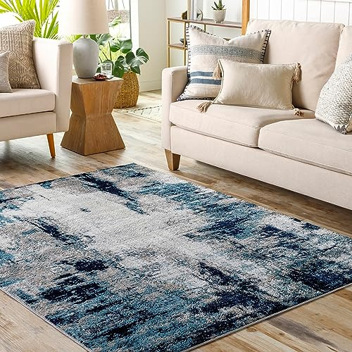 Livabliss Helsinki Wohnzimmer modern – Abstrakt Design in Marmor Optik für Wohnzimmer 200x275 cm, Esszimmer, Schlafzimmer - Marmor e groß, weicher Kurzflor in Blau, Weiß und Grau