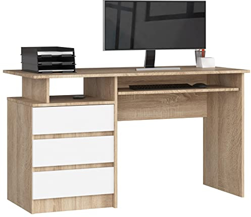 AKORD | Scrivania CLP-135 Con Ripiano per Tastiera e 3 Cassetti a Sinistra | Scrittoio per Ufficio | Per Computer PC Laptop | Salvaspazio | 135 x 77 x 60 cm, 45kg | Rovere Sonoma/bianco