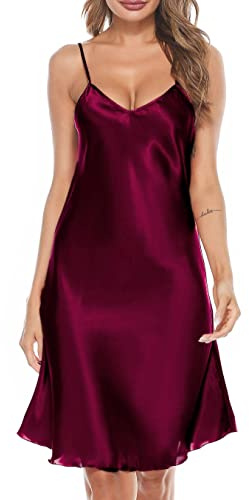 Wikoan Camicie da Notte da Donna in Raso con Spalline Regolabili Chemise Slip Sexy Sottoveste Seta Scollo a V Babydoll,Vino Rosso,M