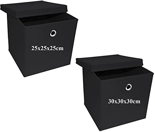 A406 Set of 3 Black Storage Boxes with Lid Cube Boxes Basket Non Woven Box Collapsible Fabric Box Foldable Storage Boxes (25 x 25 x 25cm)