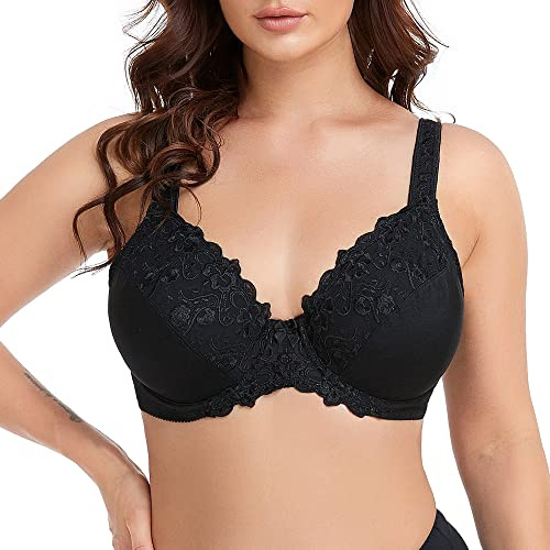 Ayigedu Women's Full Coverage Underwire Push Up Bra Floral Lace Plus Size Non Padded Comfort Everyday Bra 42G Black