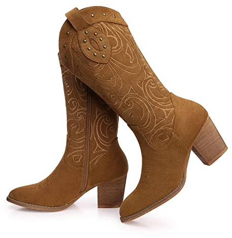 SHIBEVER Cowboy Cowgirl Boots for Women: Pointed Toe Women's Western Boot Low Heel Suede Embroidered Mid Calf Boots, Brown, 5 UK