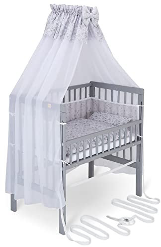 FabiMax Baby Beistellbett für Boxspringbett, TÜV geprüft 2022, inkl. Matratze und Komplett Set, Buche massiv grau, Comfort/graue Blümchen