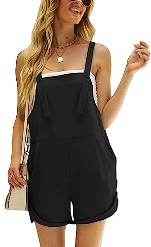 KOEMCY Salopette Femme Boutons Bretelles Combinaison Short Ample Bouffant Décontractée Jumpsuit avec Poche (Noir, L)