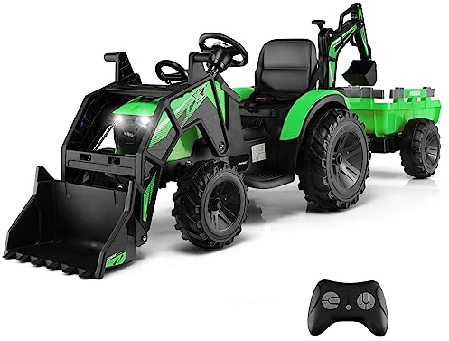 COSTWAY 3 in 1 Ride on Tractor and Trailer, 12V Battery Powered Electric Excavator Bulldozer with Shovel Bucket, Digger, Remote Control, LED Lights, Music, MP3 & USB Port (Green)