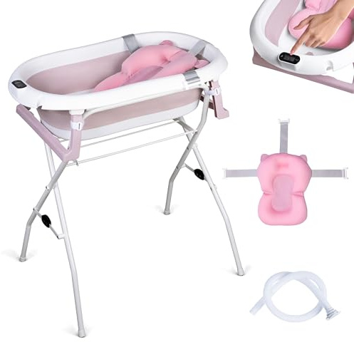 moovkee. Babybadkar med stativ 80 cm, vikbart babybadkar med termometer och badkudde, fristående babybadkar som är säkert för ditt barn, badkar för nyfödda bebisar