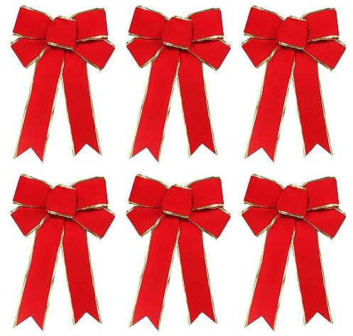 Aublinto 6 x 25 cm rote Samtband-Weihnachtsschleifen,Weihnachtsbaum-Schleifen,kleine Weihnachtsschleifen, Hochzeitsfeie