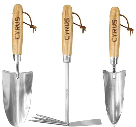 CYRUS Garden Tool Set, Gartenwerkzeug Set, 3 Stück Garten Schaufel,umfasst Hand Kellen,Umpflanzen Schaufel und Hand Harke mit Eschenholz Griff
